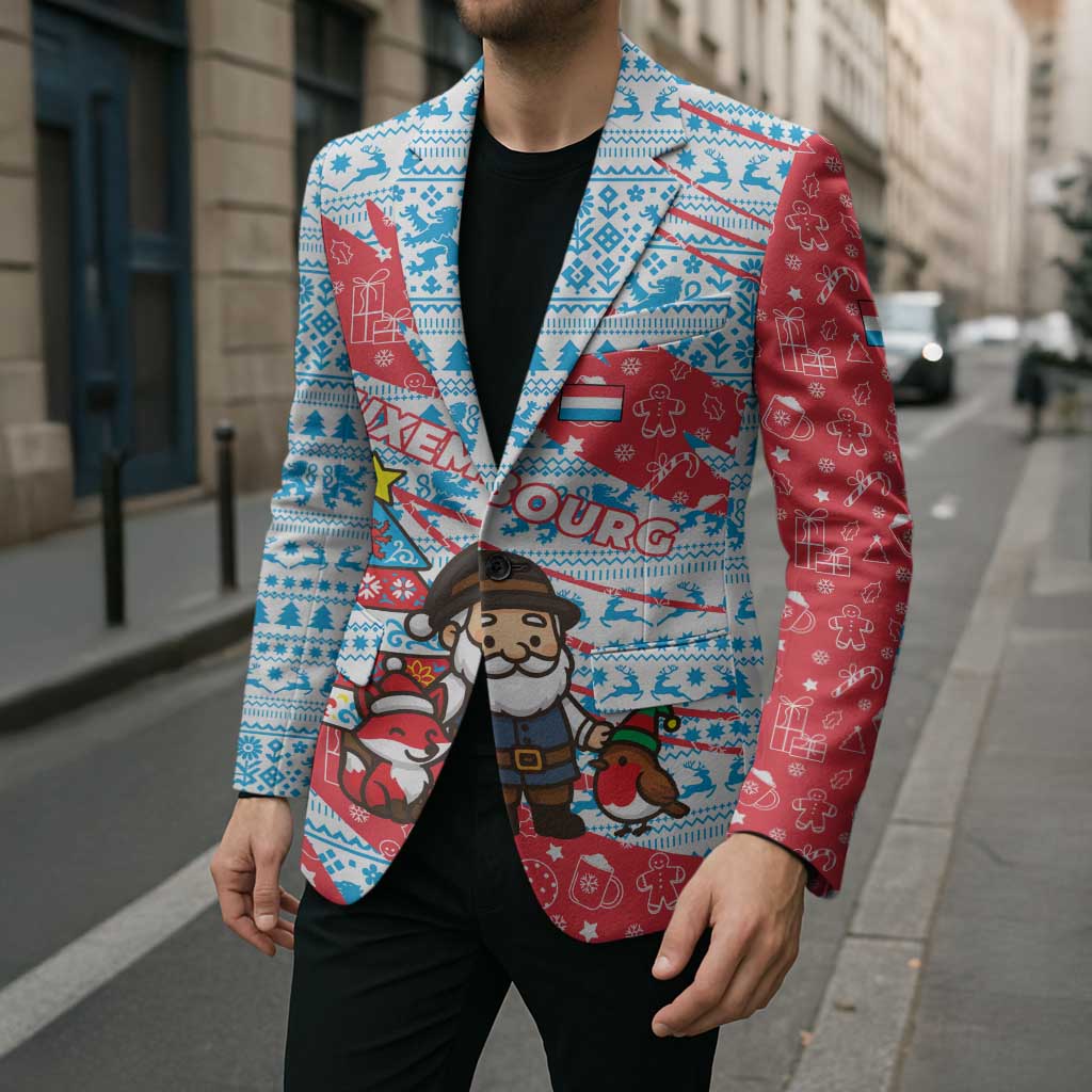 Luxembourg Christmas Blazer with Santa Claus Fox Reindeer Tree and Red Blue Pattern Design - Wonder Print Shop