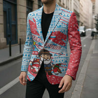 Luxembourg Christmas Blazer with Santa Claus Fox Reindeer Tree and Red Blue Pattern Design - Wonder Print Shop