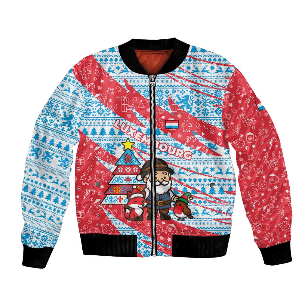 Luxembourg Christmas Bomber Jacket with Santa Claus Fox Reindeer Tree and Red Blue Pattern Design - Wonder Print Shop