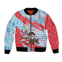 Luxembourg Christmas Bomber Jacket with Santa Claus Fox Reindeer Tree and Red Blue Pattern Design - Wonder Print Shop