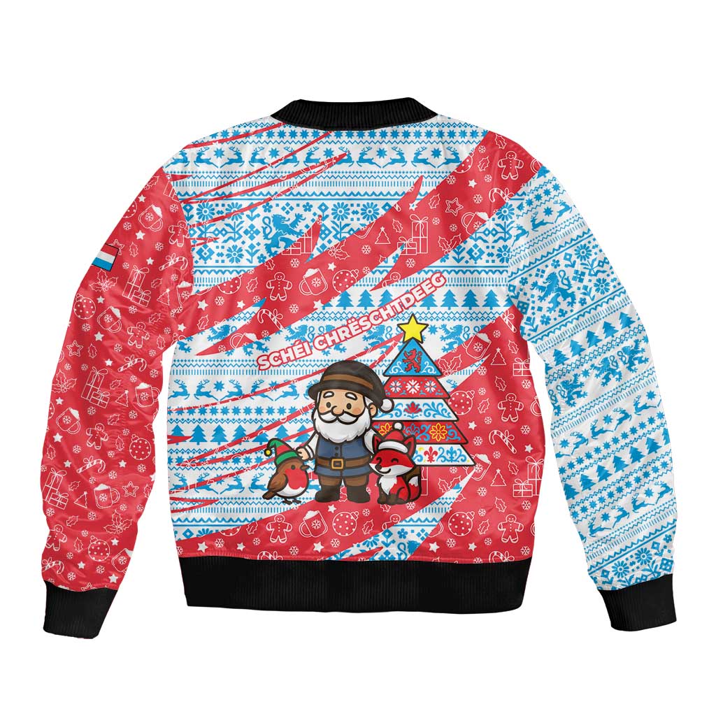 Luxembourg Christmas Bomber Jacket with Santa Claus Fox Reindeer Tree and Red Blue Pattern Design - Wonder Print Shop