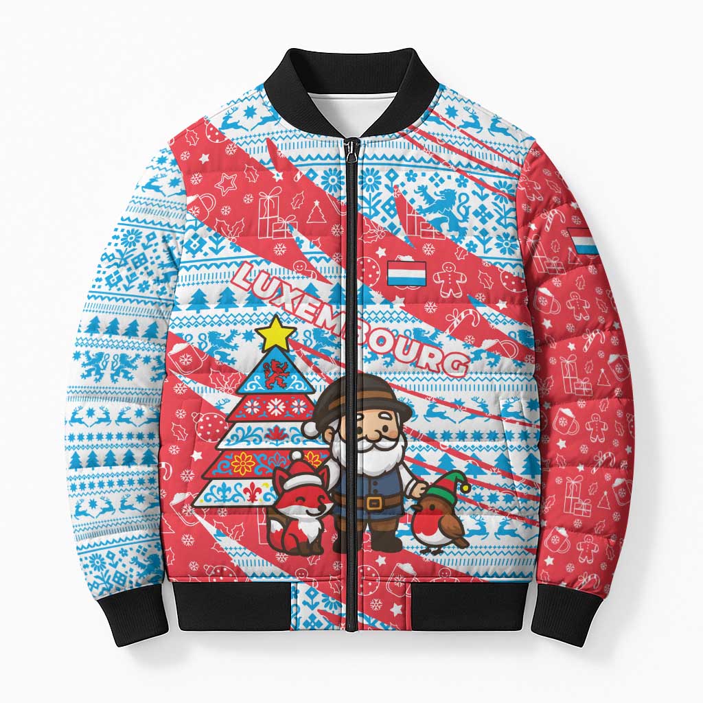 Luxembourg Christmas Bomber Puffer Jacket with Santa Claus Fox Reindeer Tree and Red Blue Pattern Design - Wonder Print Shop