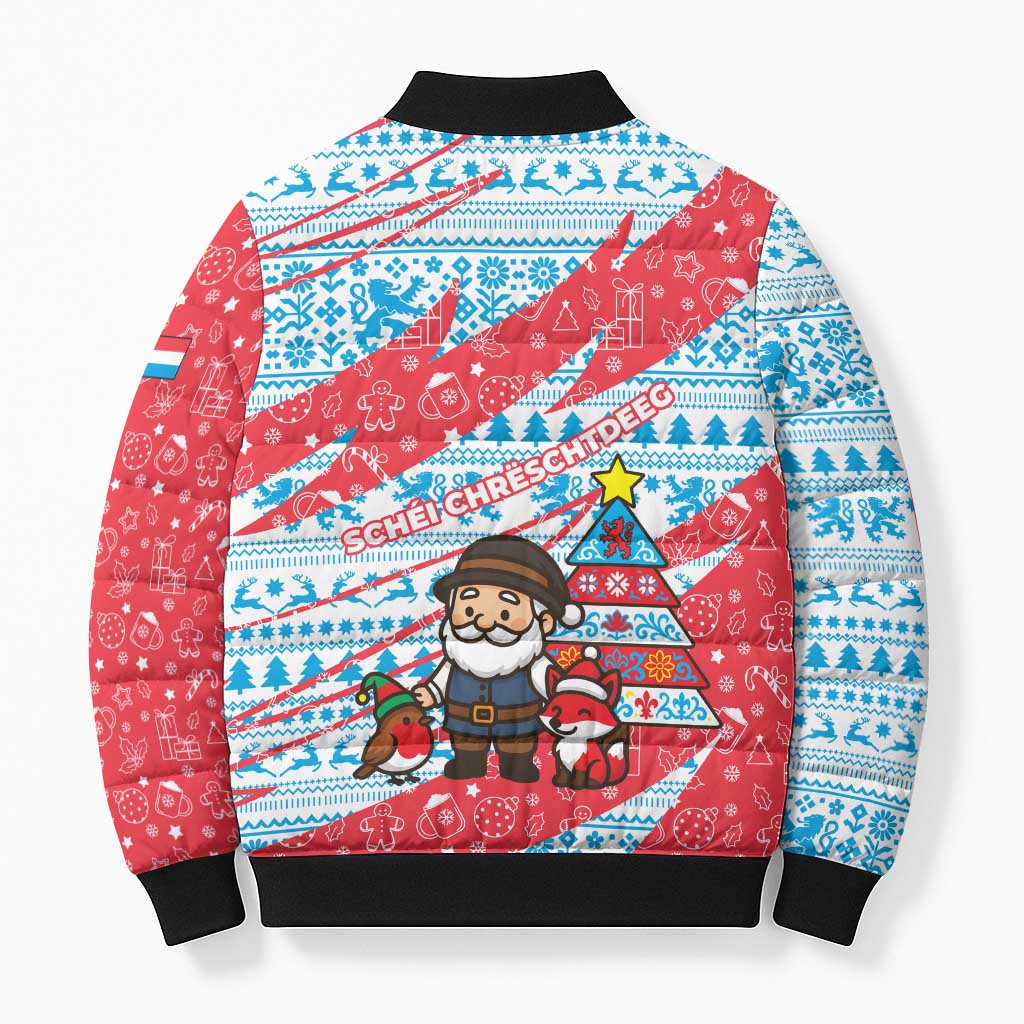 Luxembourg Christmas Bomber Puffer Jacket with Santa Claus Fox Reindeer Tree and Red Blue Pattern Design - Wonder Print Shop