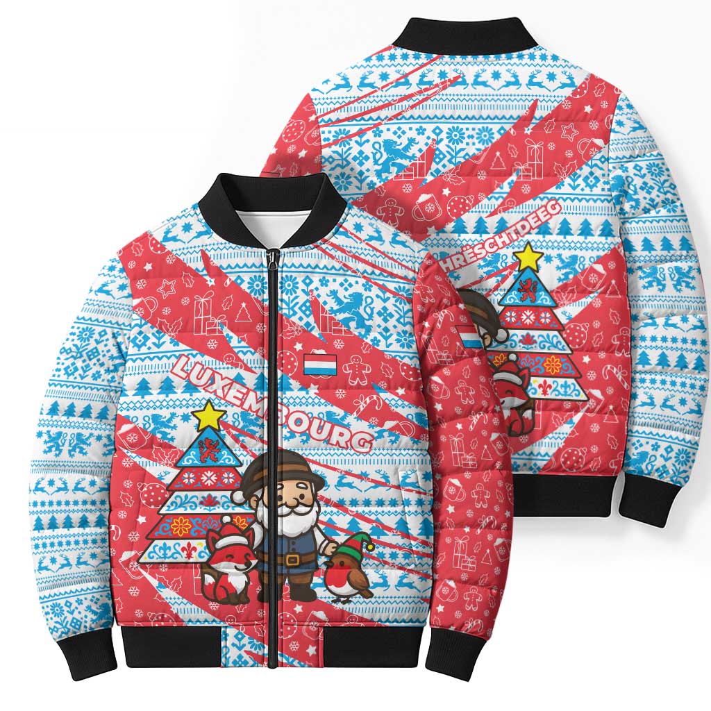 Luxembourg Christmas Bomber Puffer Jacket with Santa Claus Fox Reindeer Tree and Red Blue Pattern Design - Wonder Print Shop