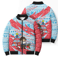 Luxembourg Christmas Bomber Puffer Jacket with Santa Claus Fox Reindeer Tree and Red Blue Pattern Design - Wonder Print Shop