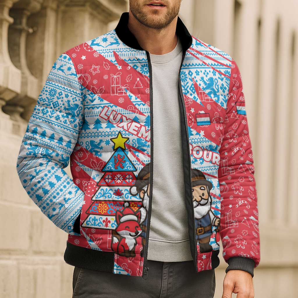 Luxembourg Christmas Bomber Puffer Jacket with Santa Claus Fox Reindeer Tree and Red Blue Pattern Design - Wonder Print Shop
