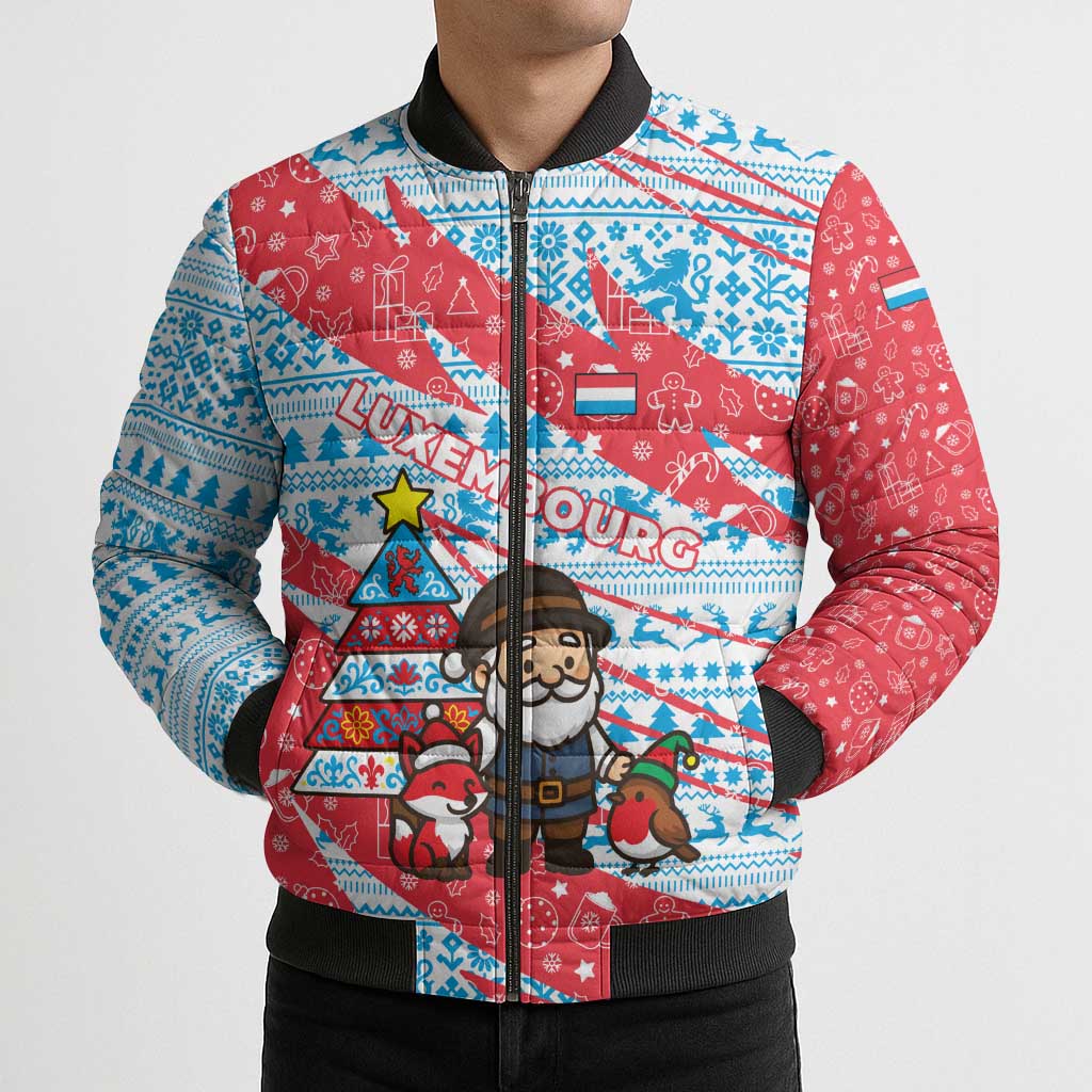 Luxembourg Christmas Bomber Puffer Jacket with Santa Claus Fox Reindeer Tree and Red Blue Pattern Design - Wonder Print Shop