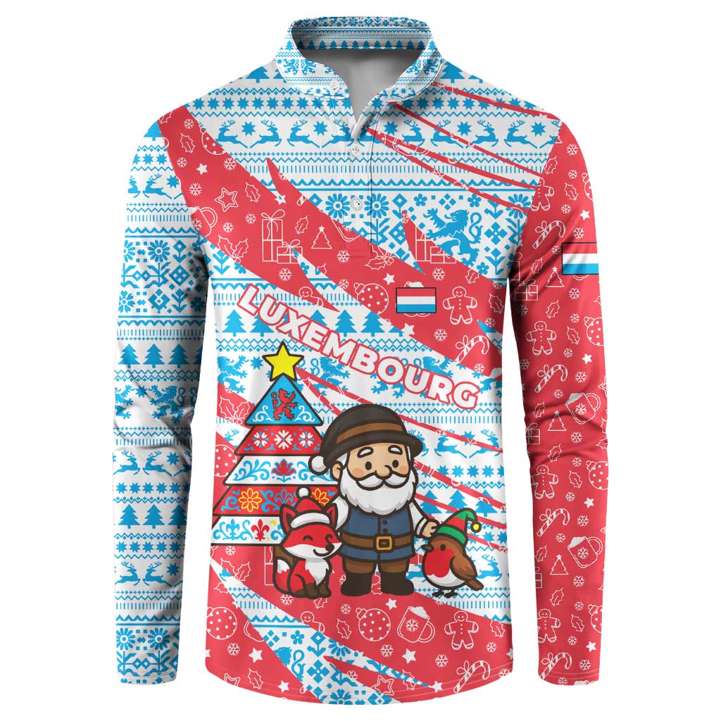 Luxembourg Christmas Button Sweatshirt with Santa Claus Fox Reindeer Tree and Red Blue Pattern Design - Wonder Print Shop