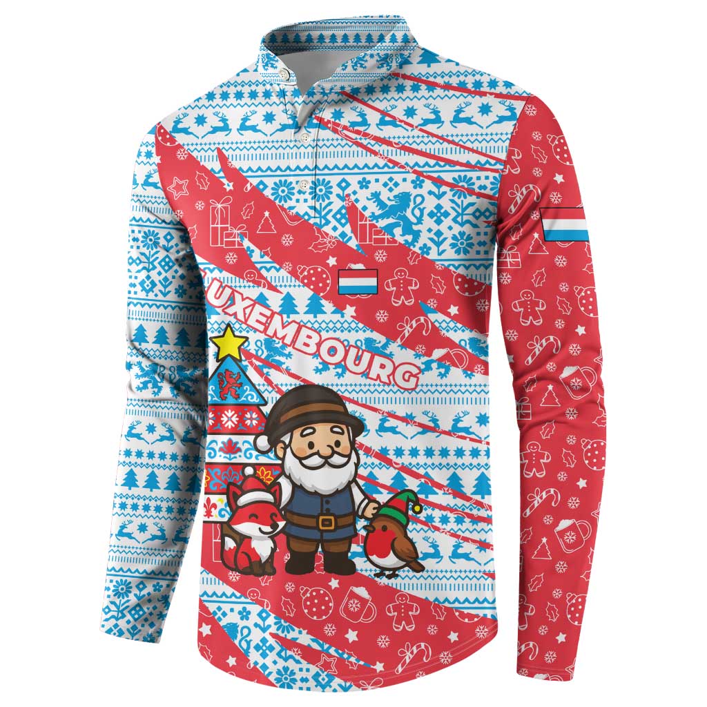Luxembourg Christmas Button Sweatshirt with Santa Claus Fox Reindeer Tree and Red Blue Pattern Design - Wonder Print Shop