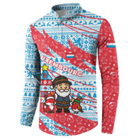 Luxembourg Christmas Button Sweatshirt with Santa Claus Fox Reindeer Tree and Red Blue Pattern Design - Wonder Print Shop