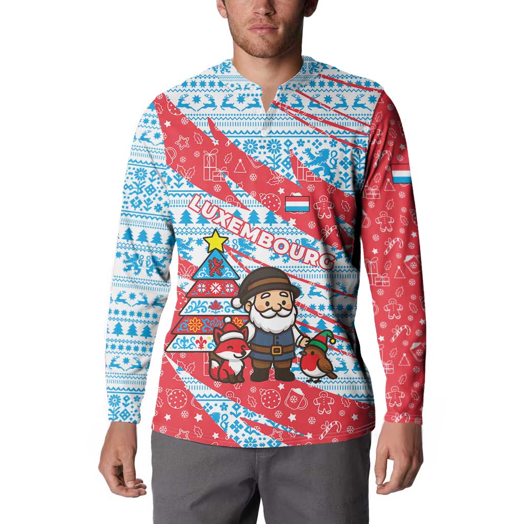 Luxembourg Christmas Button Sweatshirt with Santa Claus Fox Reindeer Tree and Red Blue Pattern Design - Wonder Print Shop