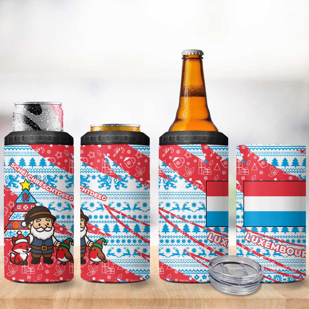 Luxembourg Christmas 4 in 1 Can Cooler Tumbler with Santa Claus Fox Reindeer Tree and Red Blue Pattern Design - Wonder Print Shop
