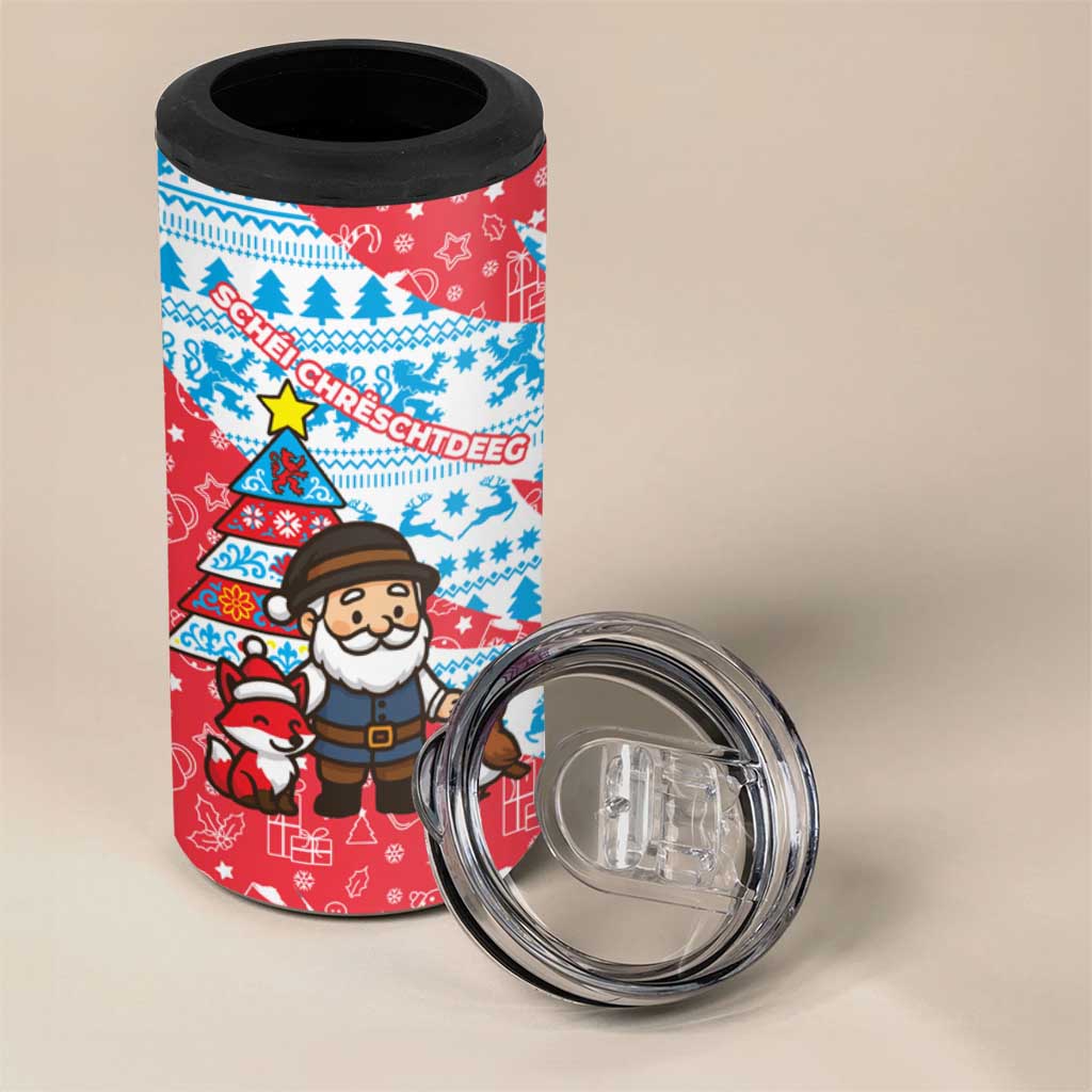 Luxembourg Christmas 4 in 1 Can Cooler Tumbler with Santa Claus Fox Reindeer Tree and Red Blue Pattern Design - Wonder Print Shop