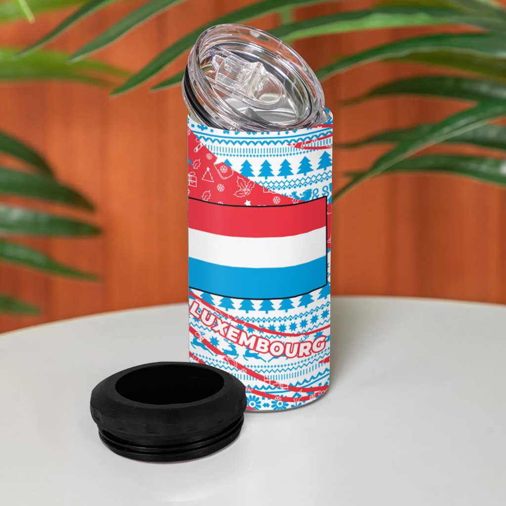 Luxembourg Christmas 4 in 1 Can Cooler Tumbler with Santa Claus Fox Reindeer Tree and Red Blue Pattern Design - Wonder Print Shop