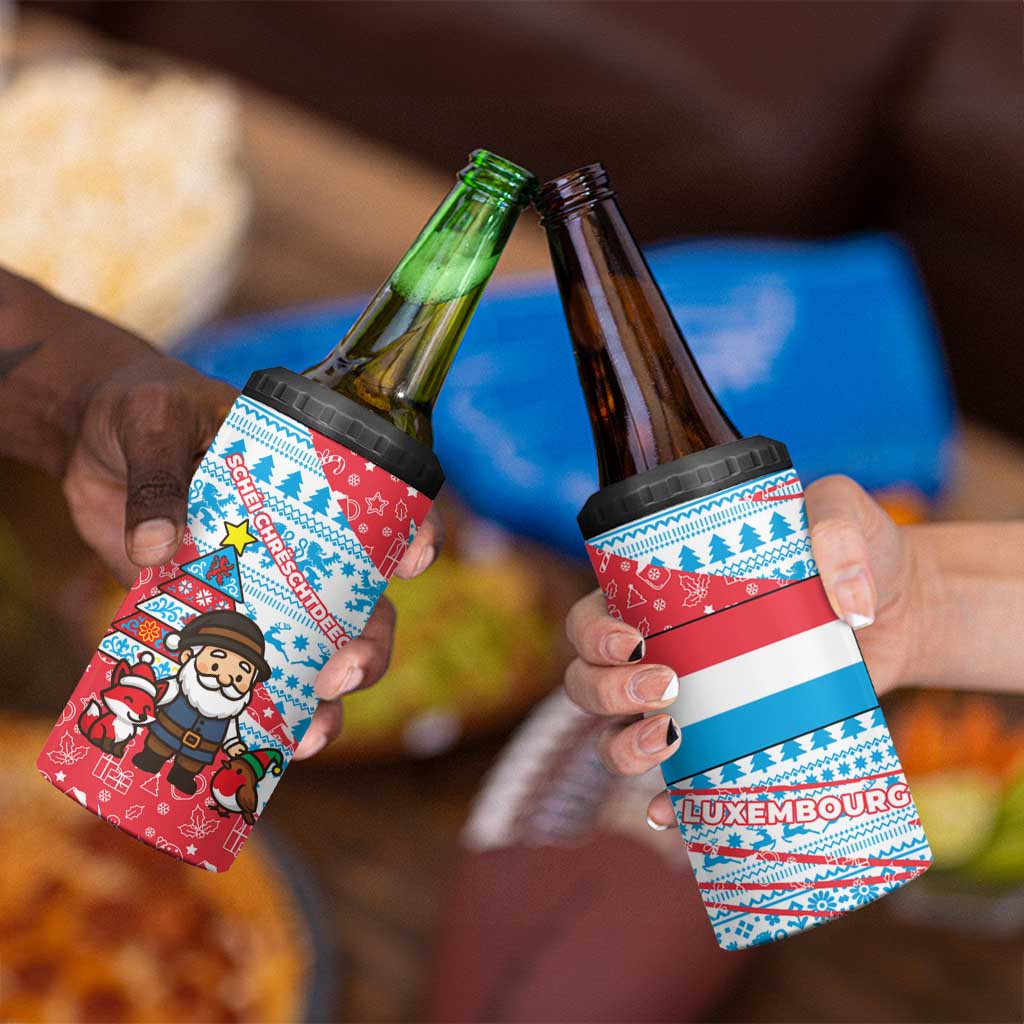 Luxembourg Christmas 4 in 1 Can Cooler Tumbler with Santa Claus Fox Reindeer Tree and Red Blue Pattern Design - Wonder Print Shop