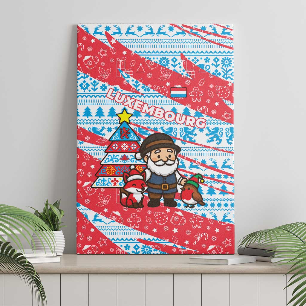 Luxembourg Christmas Canvas Wall Art with Santa Claus Fox Reindeer Tree and Red Blue Pattern Design - Wonder Print Shop