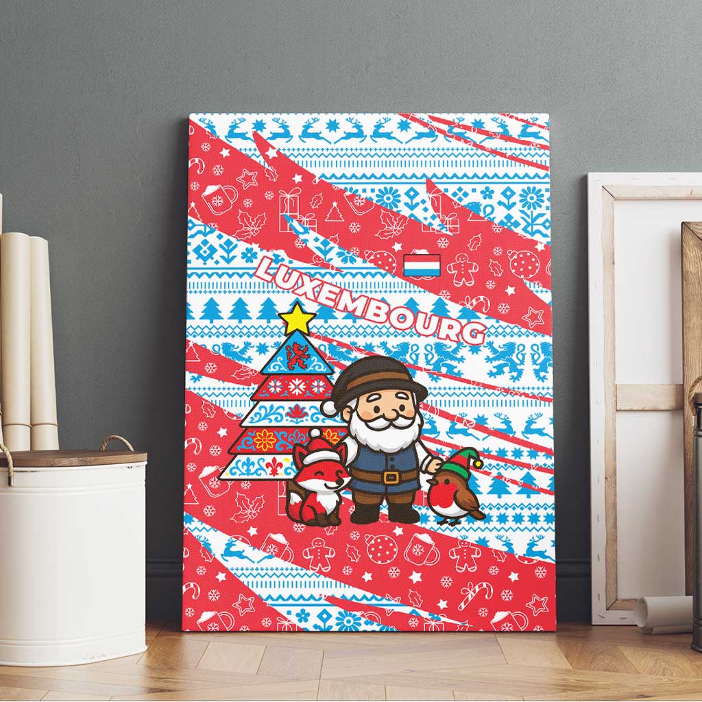 Luxembourg Christmas Canvas Wall Art with Santa Claus Fox Reindeer Tree and Red Blue Pattern Design - Wonder Print Shop