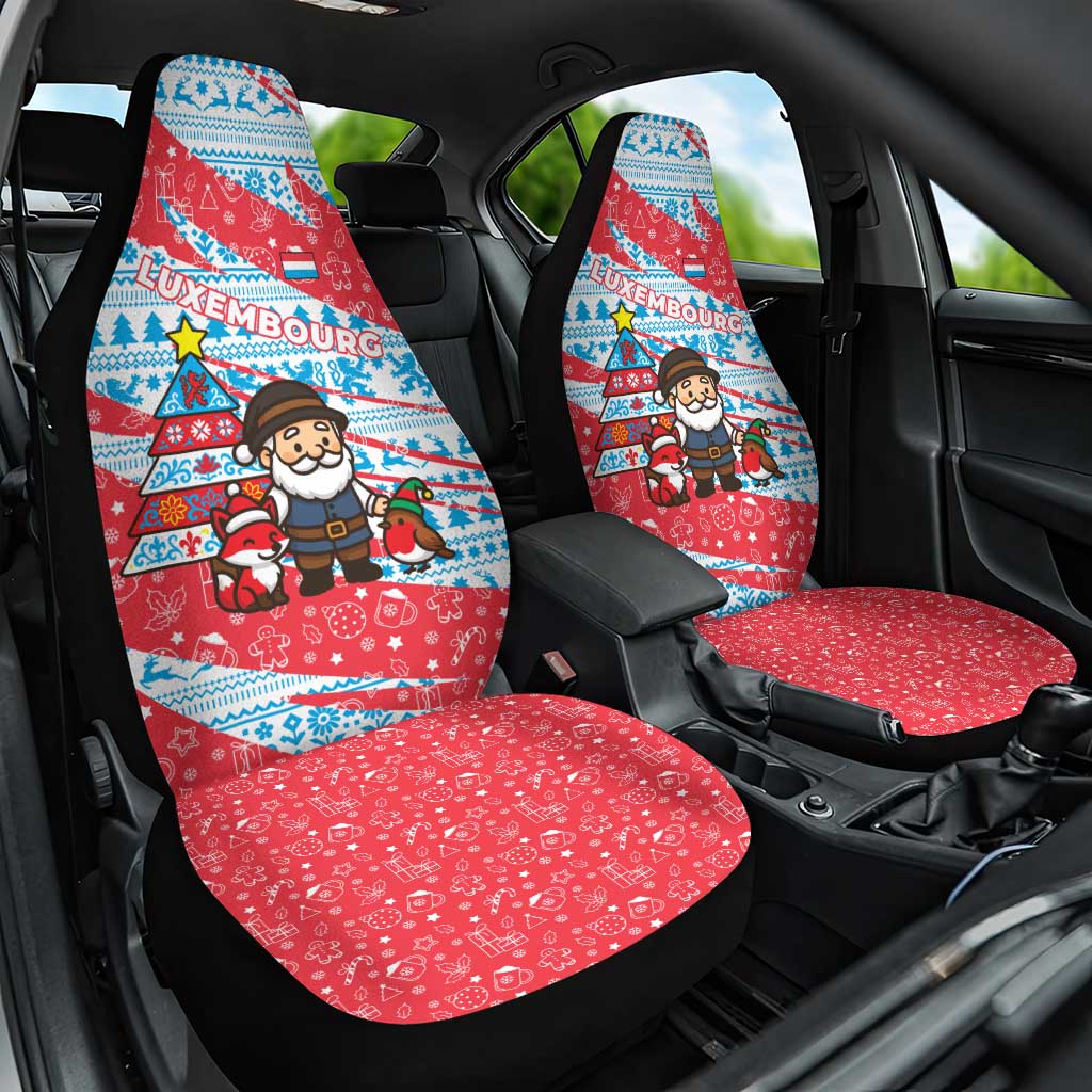 Luxembourg Christmas Car Seat Cover with Santa Claus Fox Reindeer Tree and Red Blue Pattern Design - Wonder Print Shop