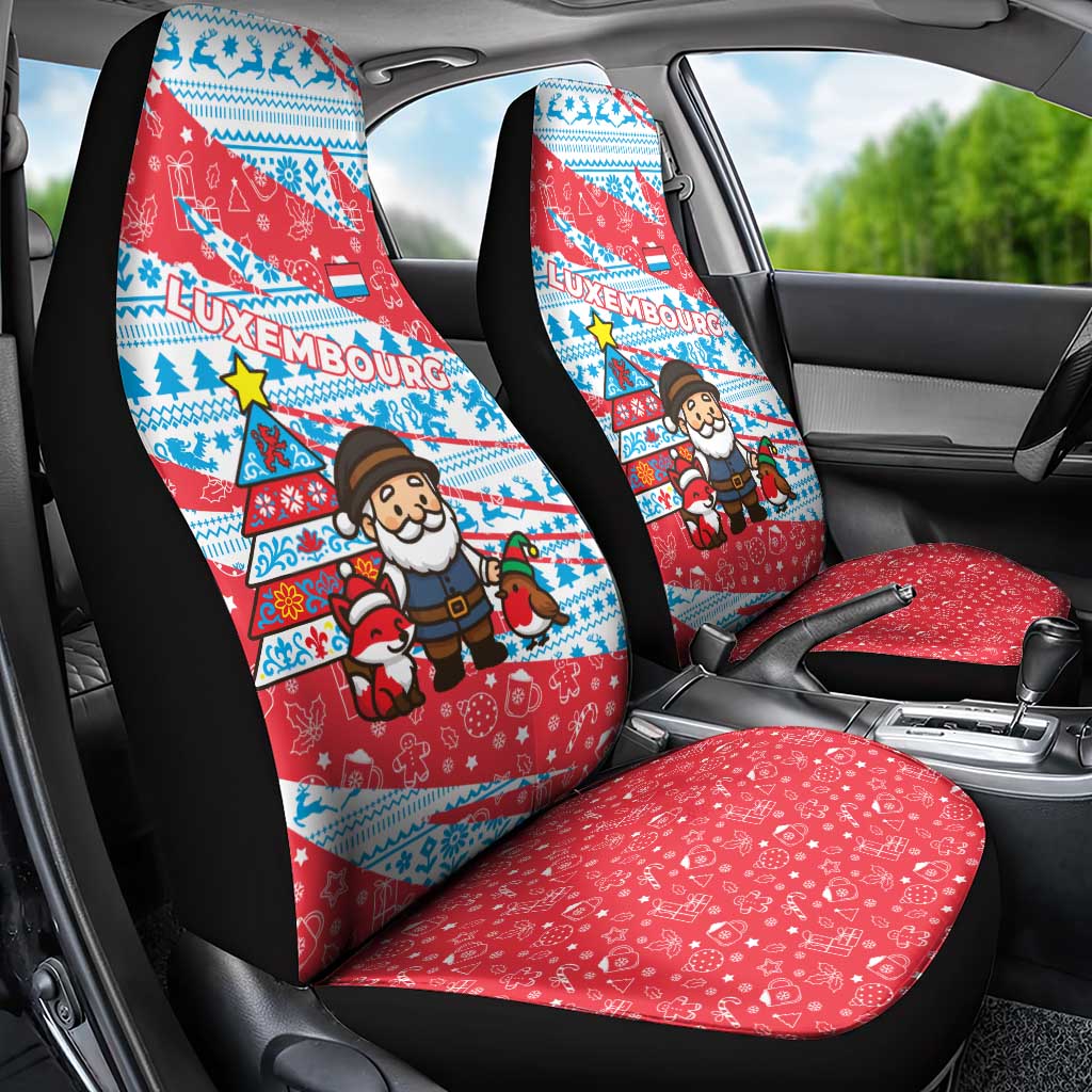 Luxembourg Christmas Car Seat Cover with Santa Claus Fox Reindeer Tree and Red Blue Pattern Design - Wonder Print Shop