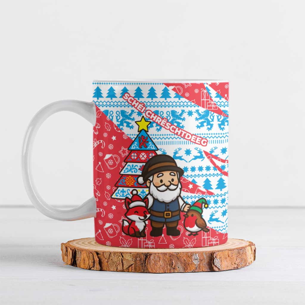 Luxembourg Christmas Ceramic Mug with Santa Claus Fox Reindeer Tree and Red Blue Pattern Design - Wonder Print Shop