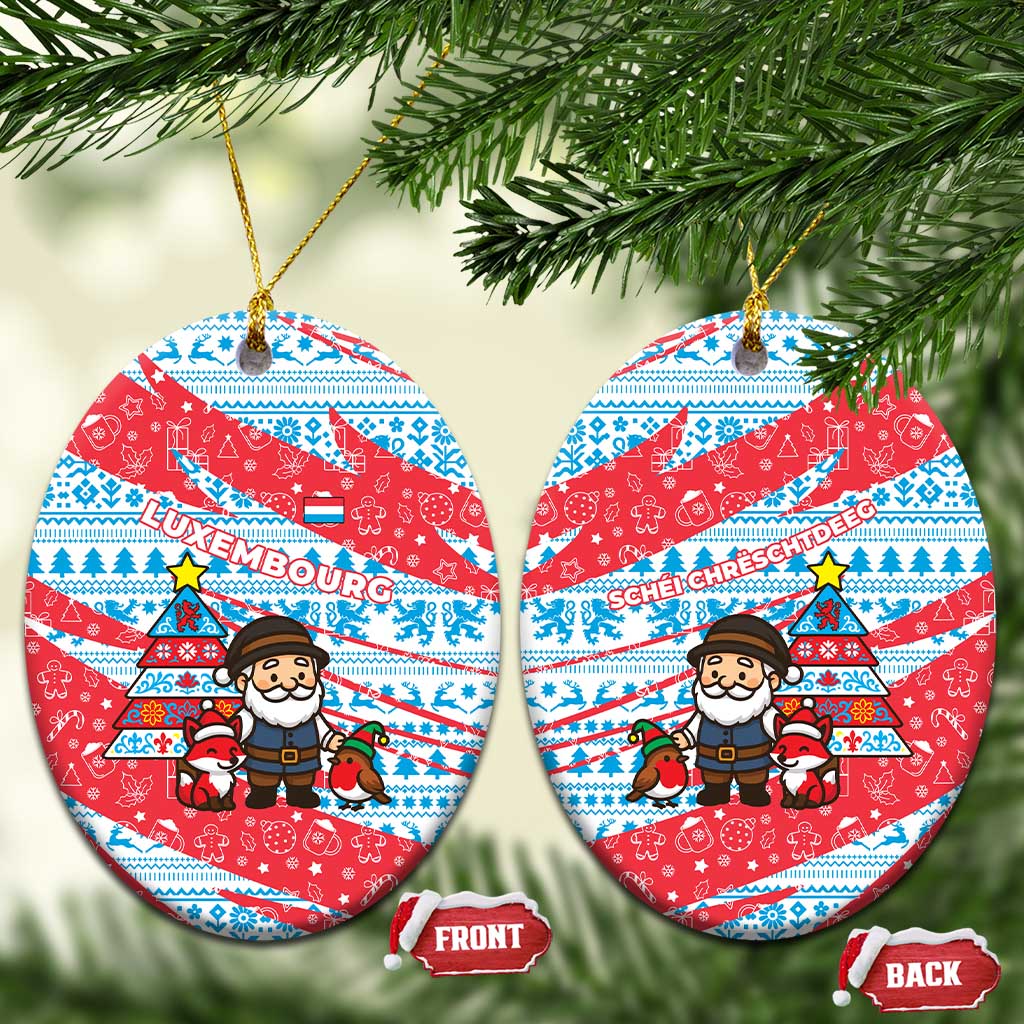 Luxembourg Christmas Ceramic Ornament with Santa Claus Fox Reindeer Tree and Red Blue Pattern Design - Wonder Print Shop