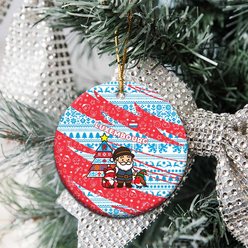 Luxembourg Christmas Ceramic Ornament with Santa Claus Fox Reindeer Tree and Red Blue Pattern Design - Wonder Print Shop