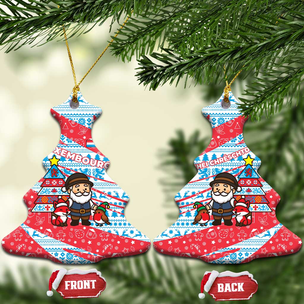 Luxembourg Christmas Ceramic Ornament with Santa Claus Fox Reindeer Tree and Red Blue Pattern Design - Wonder Print Shop