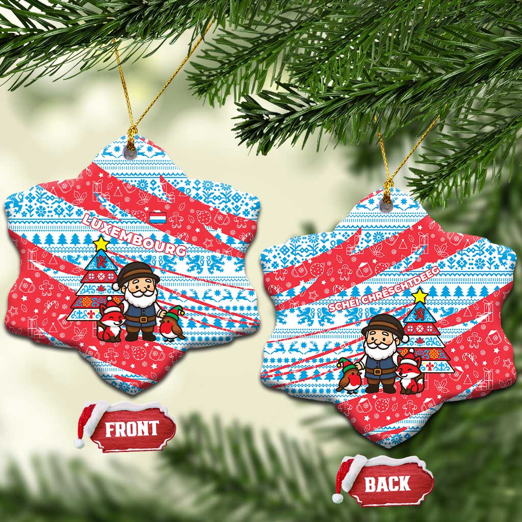 Luxembourg Christmas Ceramic Ornament with Santa Claus Fox Reindeer Tree and Red Blue Pattern Design - Wonder Print Shop