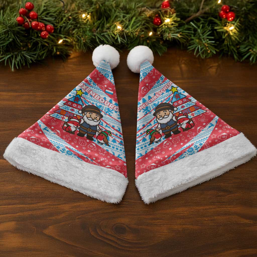 Luxembourg Christmas Santa Hat with Santa Claus Fox Reindeer Tree and Red Blue Pattern Design - Wonder Print Shop