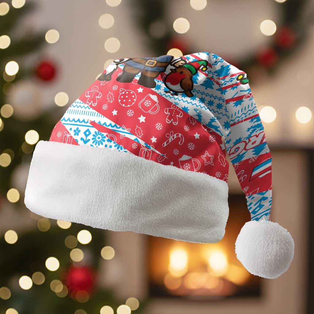 Luxembourg Christmas Santa Hat with Santa Claus Fox Reindeer Tree and Red Blue Pattern Design - Wonder Print Shop