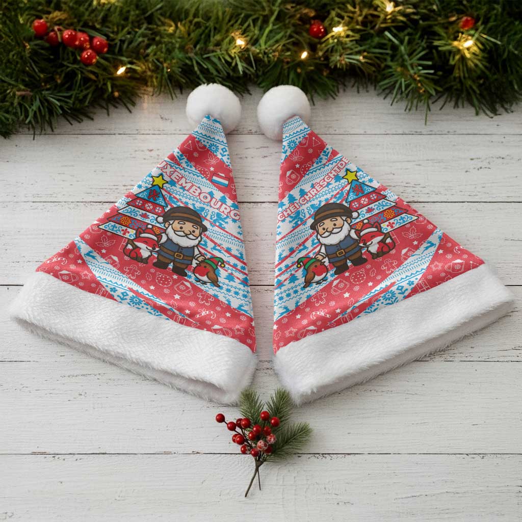 Luxembourg Christmas Santa Hat with Santa Claus Fox Reindeer Tree and Red Blue Pattern Design - Wonder Print Shop