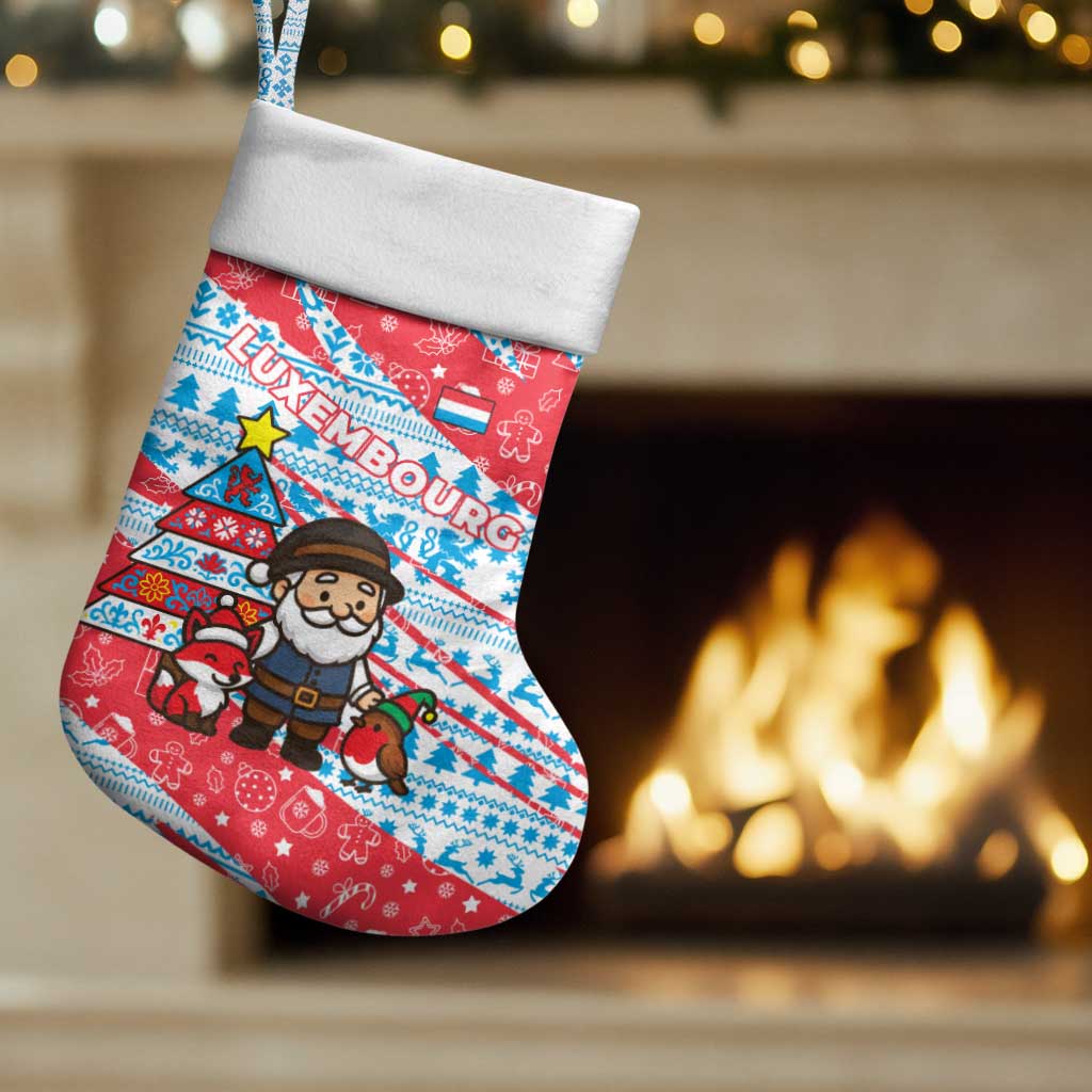 Luxembourg Christmas Stocking with Santa Claus Fox Reindeer Tree and Red Blue Pattern Design - Wonder Print Shop