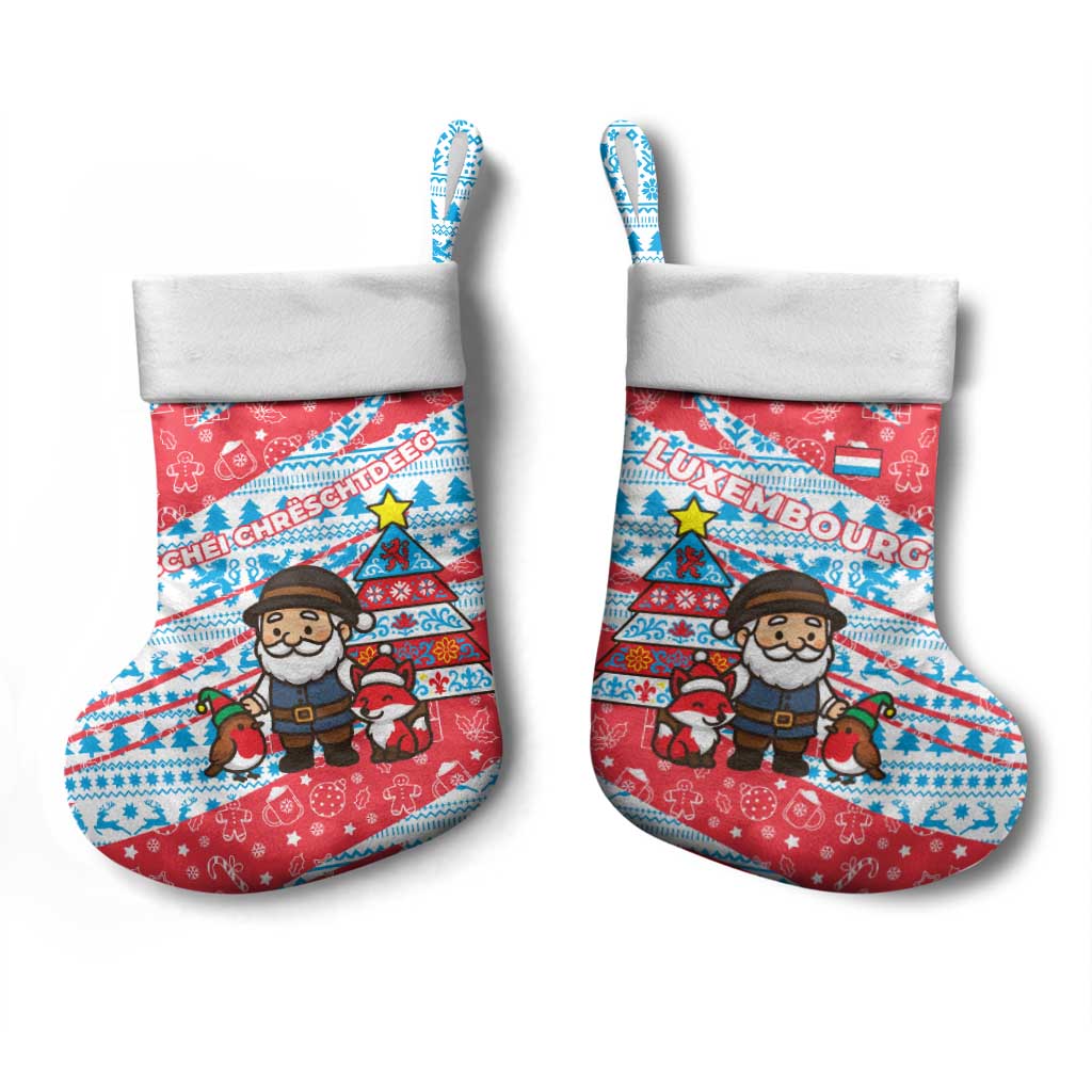 Luxembourg Christmas Stocking with Santa Claus Fox Reindeer Tree and Red Blue Pattern Design - Wonder Print Shop