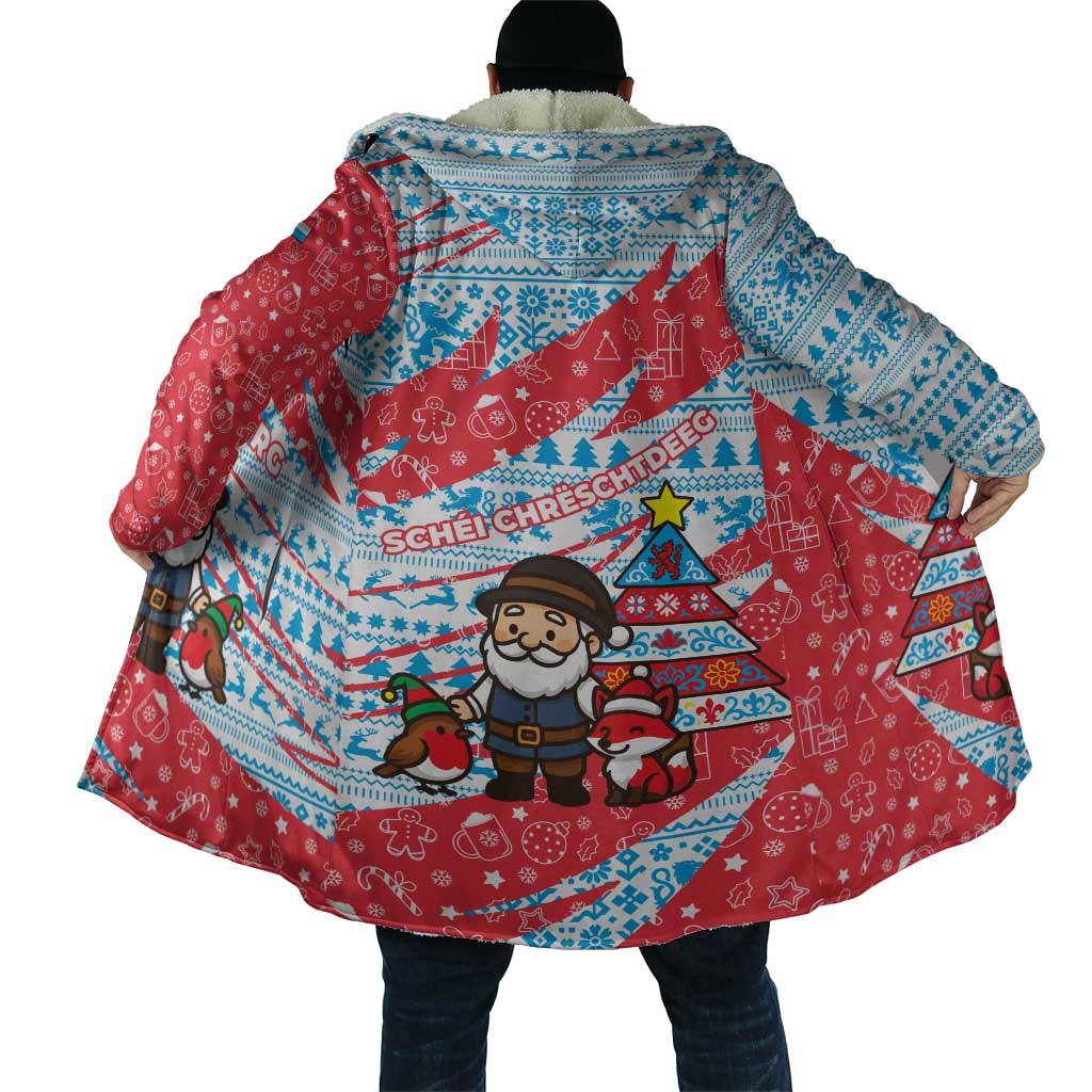 Luxembourg Christmas Cloak with Santa Claus Fox Reindeer Tree and Red Blue Pattern Design - Wonder Print Shop