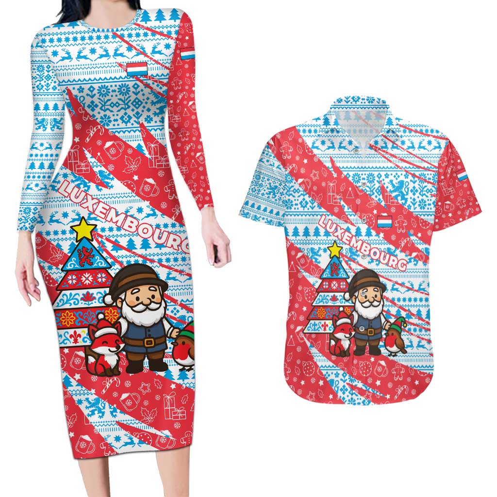 Luxembourg Christmas Couples Matching Long Sleeve Bodycon Dress and Hawaiian Shirt with Santa Claus Fox Reindeer Tree and Red Blue Pattern Design - Wonder Print Shop
