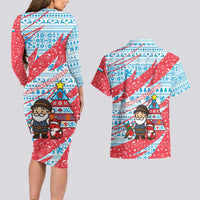 Luxembourg Christmas Couples Matching Long Sleeve Bodycon Dress and Hawaiian Shirt with Santa Claus Fox Reindeer Tree and Red Blue Pattern Design - Wonder Print Shop
