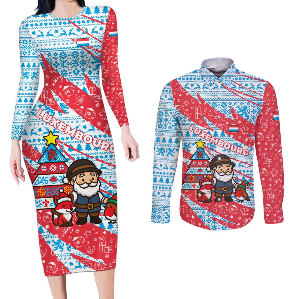 Luxembourg Christmas Couples Matching Long Sleeve Bodycon Dress and Long Sleeve Button Shirt with Santa Claus Fox Reindeer Tree and Red Blue Pattern Design - Wonder Print Shop