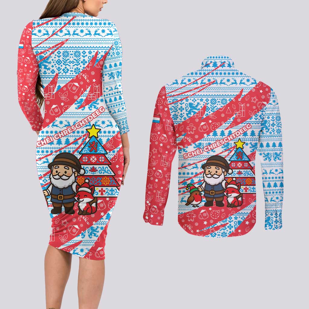 Luxembourg Christmas Couples Matching Long Sleeve Bodycon Dress and Long Sleeve Button Shirt with Santa Claus Fox Reindeer Tree and Red Blue Pattern Design - Wonder Print Shop