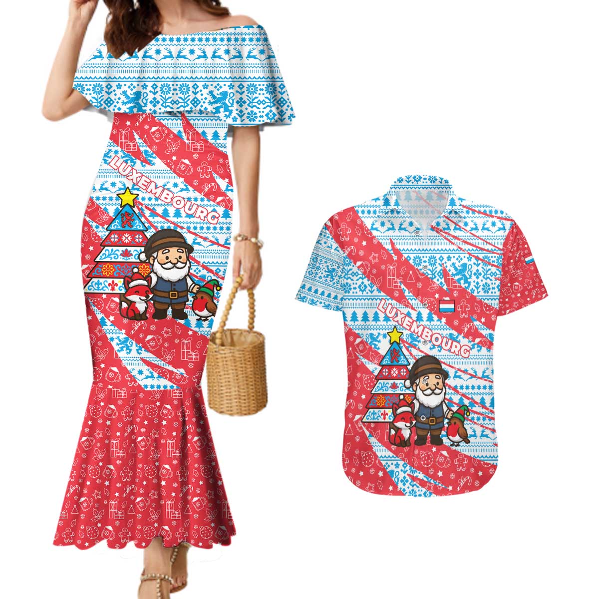 Luxembourg Christmas Couples Matching Mermaid Dress and Hawaiian Shirt with Santa Claus Fox Reindeer Tree and Red Blue Pattern Design - Wonder Print Shop