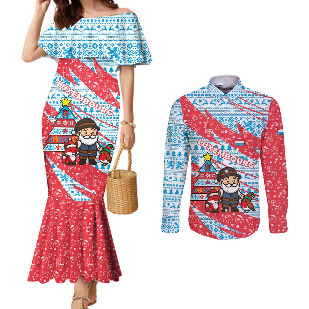 Luxembourg Christmas Couples Matching Mermaid Dress and Long Sleeve Button Shirt with Santa Claus Fox Reindeer Tree and Red Blue Pattern Design - Wonder Print Shop