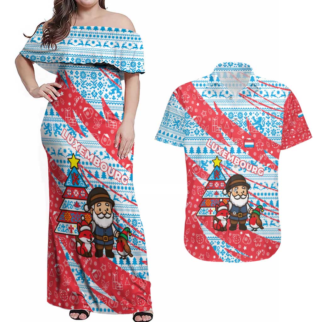 Luxembourg Christmas Couples Matching Off Shoulder Maxi Dress and Hawaiian Shirt with Santa Claus Fox Reindeer Tree and Red Blue Pattern Design - Wonder Print Shop