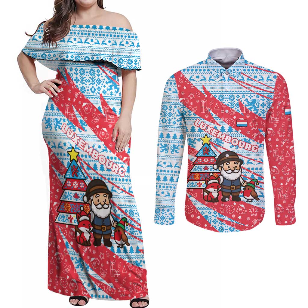Luxembourg Christmas Couples Matching Off Shoulder Maxi Dress and Long Sleeve Button Shirt with Santa Claus Fox Reindeer Tree and Red Blue Pattern Design - Wonder Print Shop