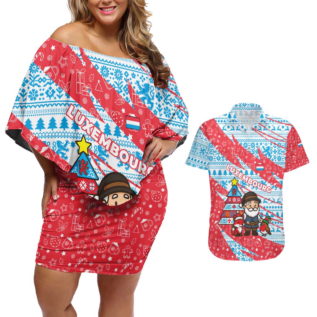 Luxembourg Christmas Couples Matching Off Shoulder Short Dress and Hawaiian Shirt with Santa Claus Fox Reindeer Tree and Red Blue Pattern Design - Wonder Print Shop