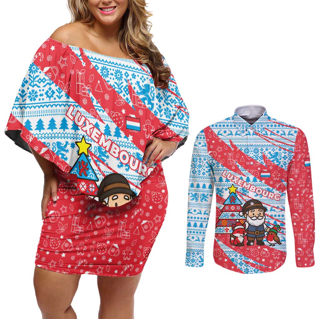 Luxembourg Christmas Couples Matching Off Shoulder Short Dress and Long Sleeve Button Shirt with Santa Claus Fox Reindeer Tree and Red Blue Pattern Design - Wonder Print Shop