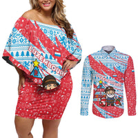 Luxembourg Christmas Couples Matching Off Shoulder Short Dress and Long Sleeve Button Shirt with Santa Claus Fox Reindeer Tree and Red Blue Pattern Design - Wonder Print Shop