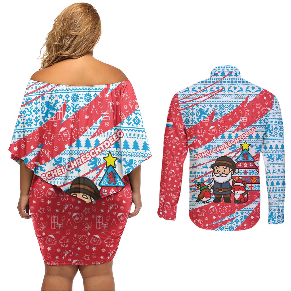 Luxembourg Christmas Couples Matching Off Shoulder Short Dress and Long Sleeve Button Shirt with Santa Claus Fox Reindeer Tree and Red Blue Pattern Design - Wonder Print Shop