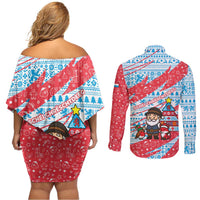 Luxembourg Christmas Couples Matching Off Shoulder Short Dress and Long Sleeve Button Shirt with Santa Claus Fox Reindeer Tree and Red Blue Pattern Design - Wonder Print Shop