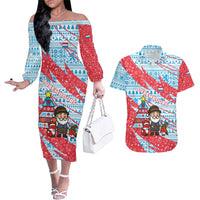 Luxembourg Christmas Couples Matching Off The Shoulder Long Sleeve Dress and Hawaiian Shirt with Santa Claus Fox Reindeer Tree and Red Blue Pattern Design - Wonder Print Shop