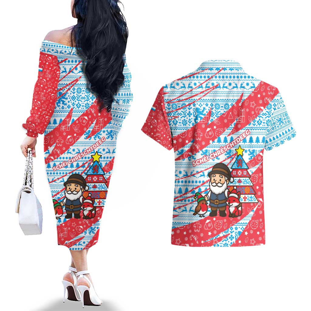 Luxembourg Christmas Couples Matching Off The Shoulder Long Sleeve Dress and Hawaiian Shirt with Santa Claus Fox Reindeer Tree and Red Blue Pattern Design - Wonder Print Shop