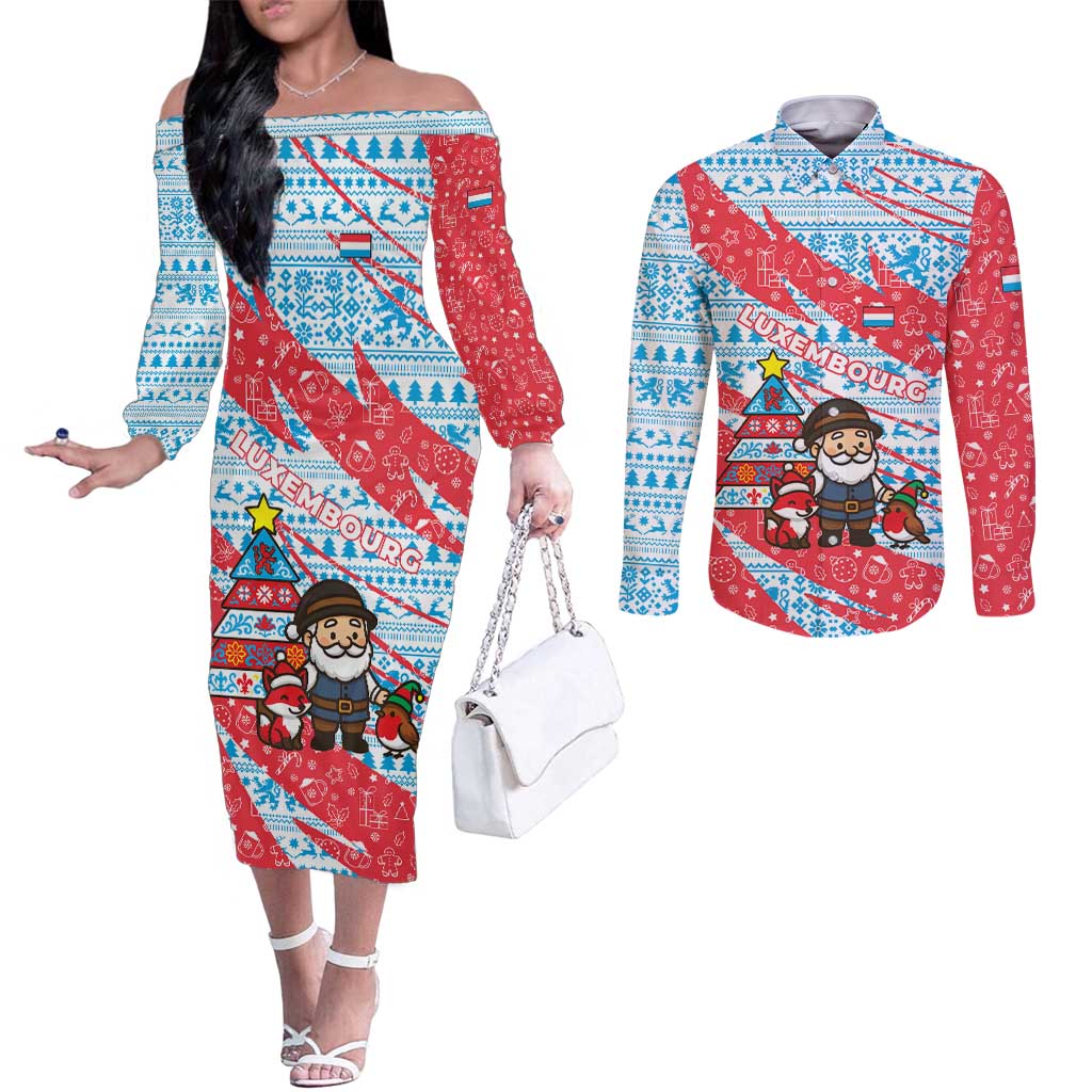 Luxembourg Christmas Couples Matching Off The Shoulder Long Sleeve Dress and Long Sleeve Button Shirt with Santa Claus Fox Reindeer Tree and Red Blue Pattern Design - Wonder Print Shop